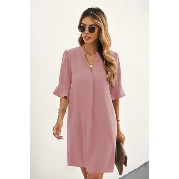 Women Dusty Pink Polyester V-Neck Loose Fit Short Sleeve Knee Length Shift Dress - Picture 3 of 6